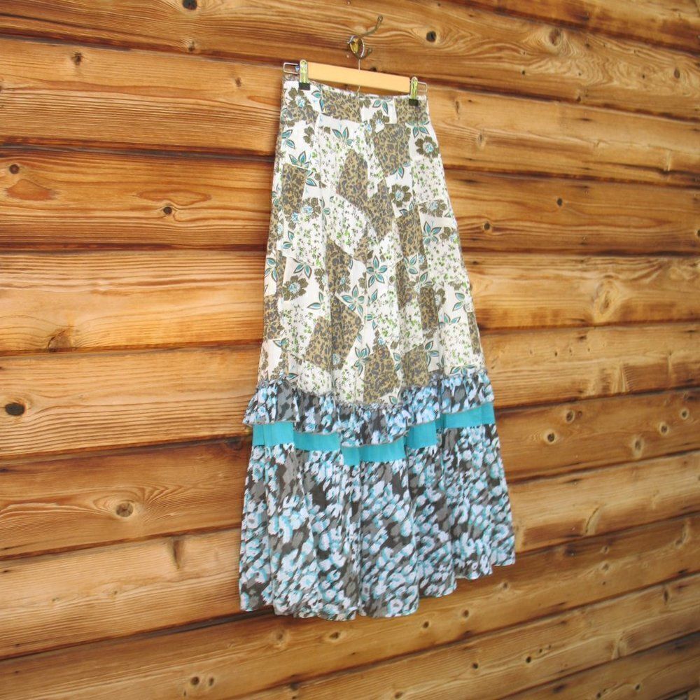 Blue Cream Patchwork Maxi Skirt - Picture 5 of 10